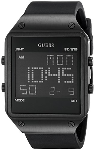 GUESS Comfortable Black Stain Resistant Silicone Digital Watch with Day, Date, 24 Hour Military/Int'l Time, Dual Time Zone + Alarm. Color: Black (Model: U0595G1)