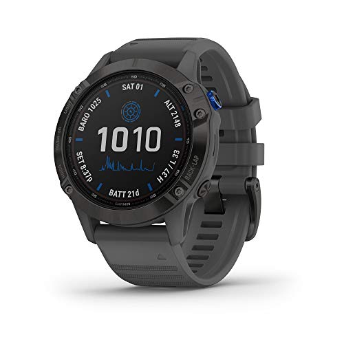 Garmin fenix 6 Pro Solar, Solar-Powered Multisport GPS Watch, Advanced Training Features and Data, Black with Slate Gray Band, Black with Slate Band