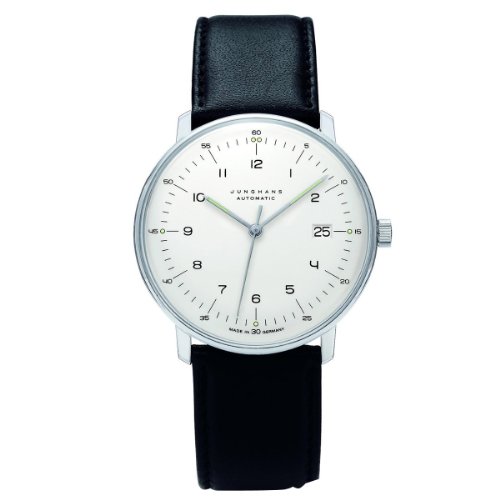 Junghans Max Bill Automatic Mens Watch - 38mm Analog White Face Classic Watch with Luminous Hands and Date - Stainless Steel Black Leather Band Luxury Watch for Men Made in Germany 027/4700.00