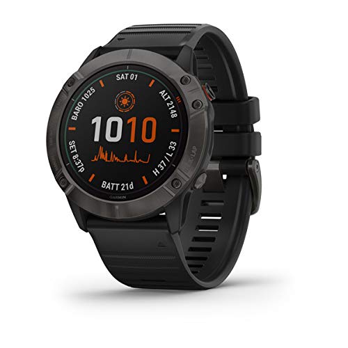Garmin fenix 6X Pro Solar, Premium Multisport GPS Watch with Solar Charging, Features Mapping, Music, Grade-Adjusted Pace Guidance and Pulse Ox Sensors, Dark Gray with Black Band
