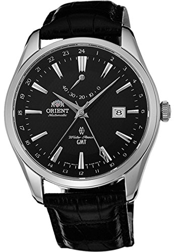 Orient Men's GMT Stainless Steel Swiss Automatic Watch with Leather Strap, Black, 22 (Model: FDJ05002B0)