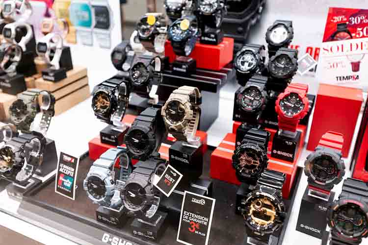 28 July 2019, Paris, France: G-shock wrist watches on shop window
