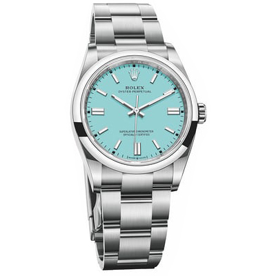 The Oyster Perpetual 36 with a turquoise blue dial and an Oyster bracelet.