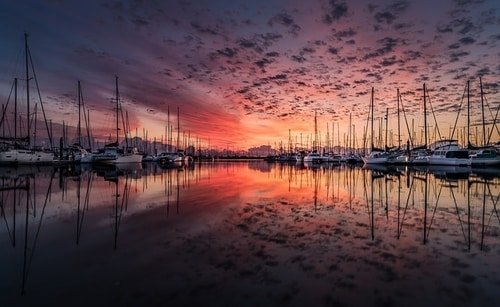 marina with sail boats sunset